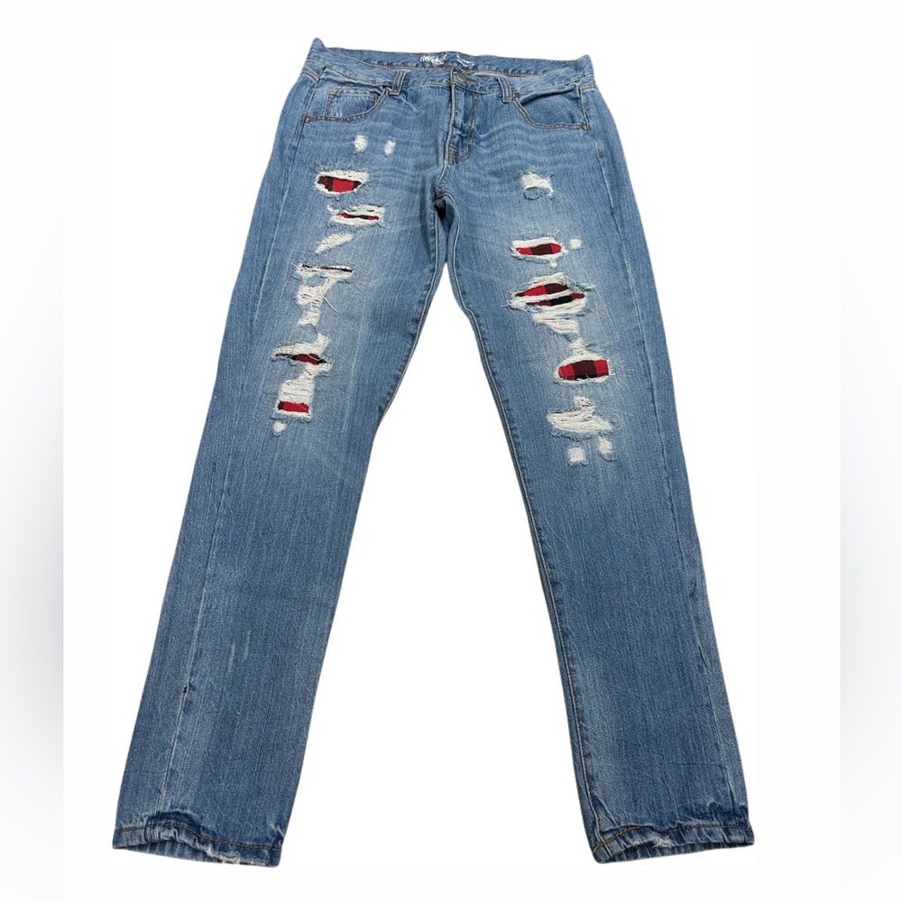 Mossimo Supply Co. Blue Flannel Distressed Boyfriend Jeans size 8 / 29